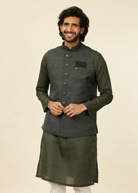 alt message - Manyavar Men Dark Green Victorian Patterned Nehru Jacket image number 0
